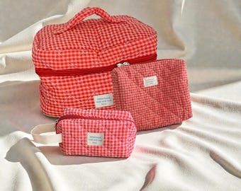 Set geruite gewatteerde make-uptassen | Cosmetische reisorganizer | Toilettasje met rits