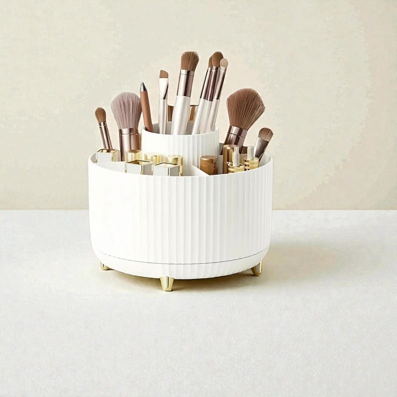 Op de afbeelding: Een witte, geribbelde, roterende make-up organizer met goudkleurige voetjes. De organizer is gevuld met diverse make-up kwasten, lippenstiften en andere beautyproducten. Het heeft meerdere compartimenten.
