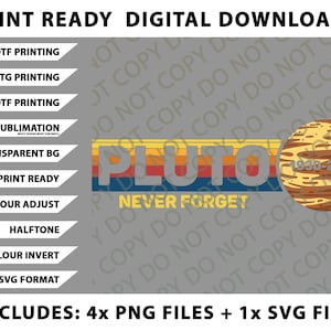 May include: Digital download graphic featuring the word "Pluto" in retro colors with a planet illustration and the text "Never Forget." Includes PNG and SVG files for various printing methods.