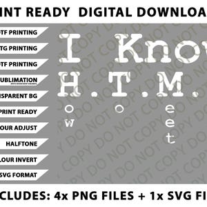 May include: Digital download graphic design with the text "I Know HTML" in white on a gray background. Includes various print-ready file formats, such as DTF, DTG, and sublimation, along with PNG and SVG files.