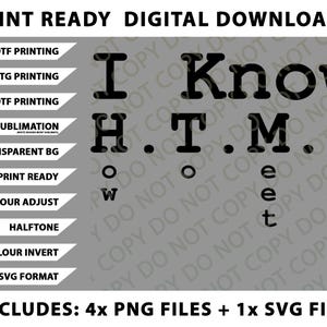May include: Digital download graphic with the text "I Know HTML" in a bold font. Includes files for DTF, DTG, and UVDTF printing, sublimation, and SVG format. The design is on a gray background.