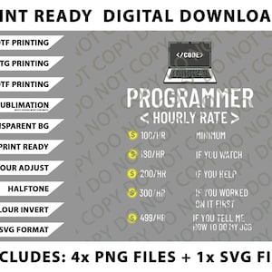 以下が含まれることがあります： 「PRINT READY DIGITAL DOWNLOADS」のテキストが入ったデジタルダウンロードグラフィック。コード付きのラップトップグラフィック、「PROGRAMMER」の文字、時間料金が含まれています。PNGやSVGなどのファイルタイプのオプションも含まれています。