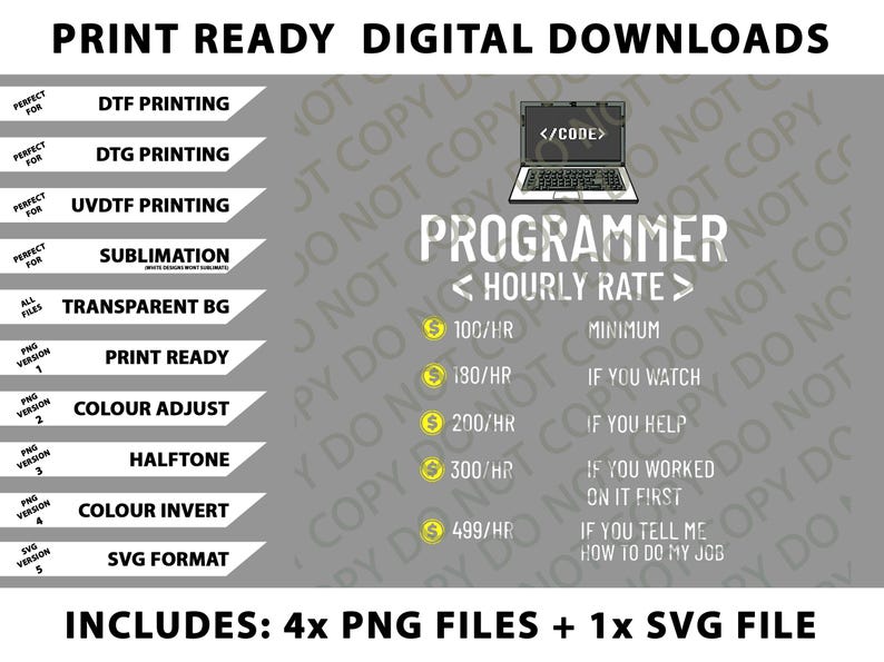 以下が含まれることがあります： 「PRINT READY DIGITAL DOWNLOADS」のテキストが入ったデジタルダウンロードグラフィック。コード付きのラップトップグラフィック、「PROGRAMMER」の文字、時間料金が含まれています。PNGやSVGなどのファイルタイプのオプションも含まれています。