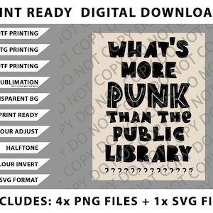 Könnte beinhalten: Digitaler Download mit dem Text "WHAT'S MORE PUNK THAN THE PUBLIC LIBRARY" in Schwarz, darunter Fragezeichen. Enthält 4 PNG-Dateien und 1 SVG-Datei.