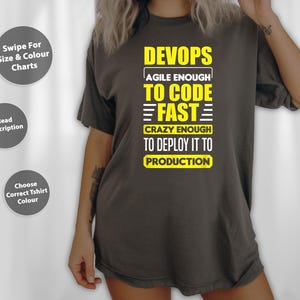 May include: Dark grey t-shirt with yellow text that reads "DEVOPS AGILE ENOUGH TO CODE FAST CRAZY ENOUGH TO DEPLOY IT TO PRODUCTION." The shirt also has three grey circular buttons with text.