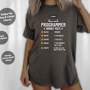 May include: Dark grey t-shirt featuring the word "PROGRAMMER" and a laptop graphic. It lists hourly rates and conditions such as "If you watch" or "If you help." The shirt also has text that says "Swipe For Size & Colour Charts", "Read Description", and "Choose Correct Tshirt Colour".