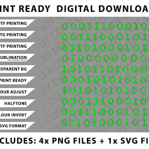 May include: Digital download graphic featuring green binary code on a grey background. Includes options for DTF, DTG, and UVDTF printing, sublimation, and transparent backgrounds. Also includes PNG and SVG file formats.