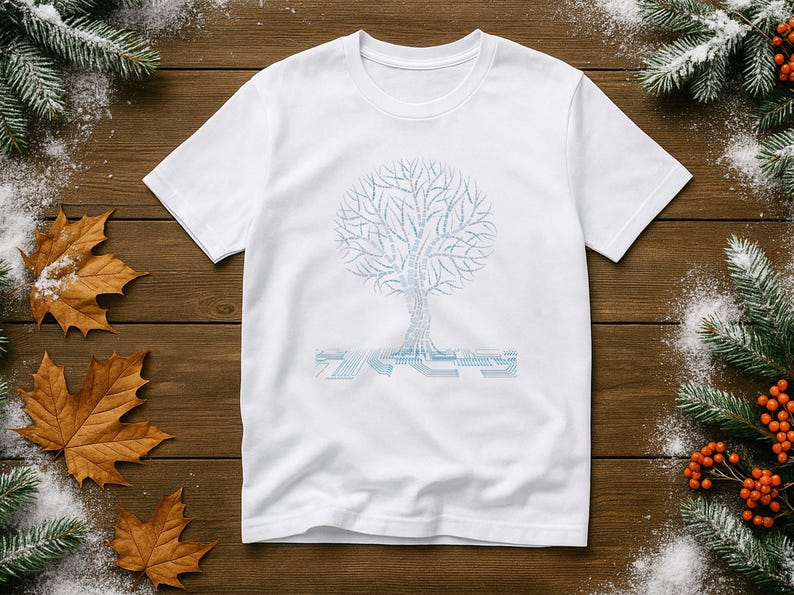 K&ouml;nnte beinhalten: Wei&szlig;es T-Shirt mit einem hellblauen Baumdesign und dem Wort "ZKS" am Fu&szlig;. Die Baumgrafik hat das Aussehen einer Leiterplatte. Das Shirt wird auf einer Holzoberfl&auml;che mit Herbstbl&auml;ttern und Tannenzweigen pr&auml;sentiert.