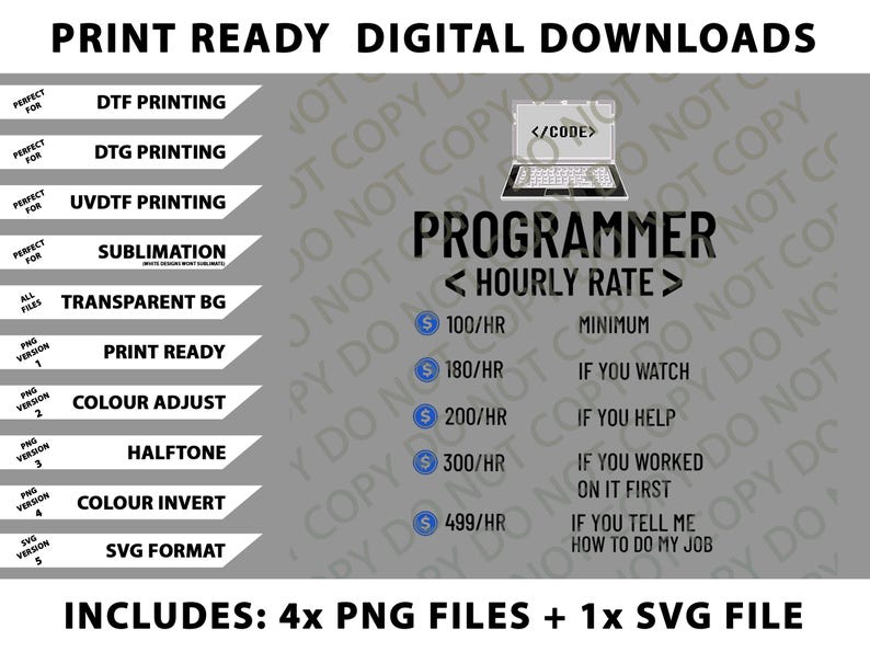 以下が含まれることがあります： 「プログラマー」の文字と時間料金が表示されたデジタルダウンロード。DTF、DTG、UVDTF印刷、昇華など、さまざまなファイル形式が含まれています。画像にはラップトップのアイコンが表示されています。