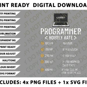 May include: Digital download graphic with text: "Programmer Hourly Rate." Includes a laptop graphic and various print options like DTF, DTG, and sublimation. The image also lists file formats and versions, including PNG and SVG.