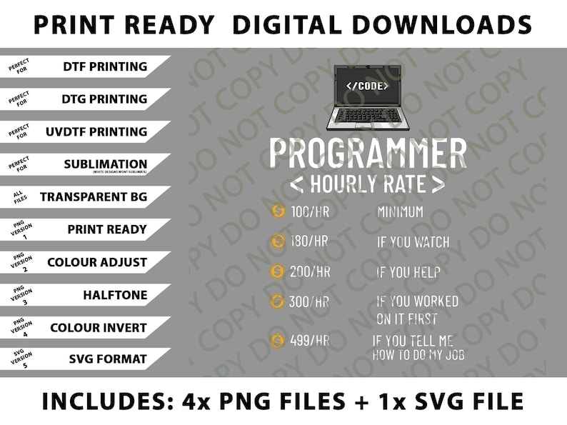 以下が含まれることがあります： 「プログラマー時給」のテキストが入ったデジタルダウンロードグラフィック。ラップトップのグラフィックと、DTF、DTG、昇華などのさまざまな印刷オプションが含まれています。画像には、PNGやSVGを含むファイル形式とバージョンもリストされています。