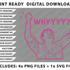 Puede incluir: Gráfico de descarga digital con un contorno rosa de una persona con los brazos levantados, gritando "WHYYYY?". Incluye múltiples archivos PNG y un archivo SVG. La imagen también enumera opciones para impresión DTF, DTG y UVDTF.