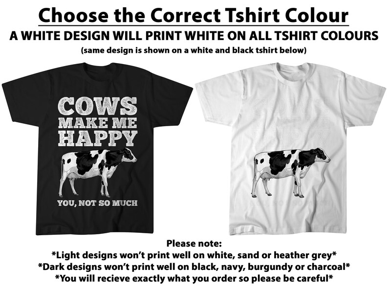 Może przedstawiać: Dwie koszulki, czarna i biała, każda z ilustracją krowy. Czarna koszulka ma napis "COWS MAKE ME HAPPY, YOU, NOT SO MUCH". U g&oacute;ry widnieje napis "Wybierz właściwy kolor koszulki".