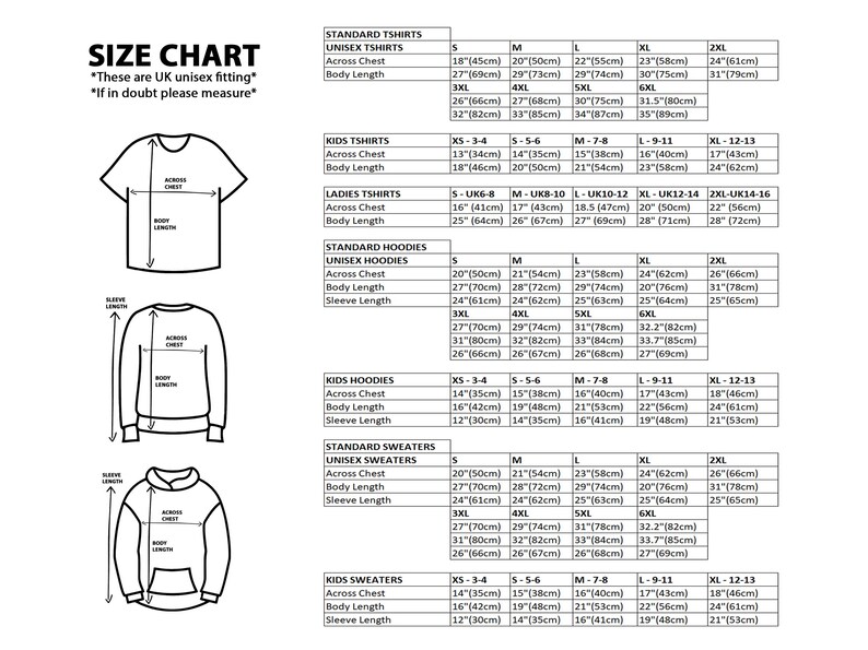 Peut inclure: Un tableau des tailles de v&ecirc;tements, incluant t-shirts, sweats &agrave; capuche et pulls. Les mesures en centim&egrave;tres et en pouces sont fournies pour la poitrine, la longueur du corps et des manches, des tailles XS &agrave; 6XL.