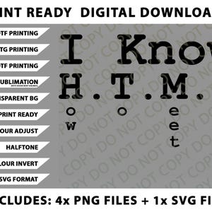 May include: Digital download graphic with the text "I Know HTML" in a bold font. Includes options for DTF, DTG, and UVDTF printing, sublimation, and SVG format. Features options for transparent backgrounds, print-ready files, and color adjustments.