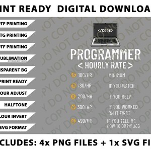 以下が含まれることがあります： 「PRINT READY DIGITAL DOWNLOADS」のテキストが入ったデジタルダウンロードグラフィック。DTF、DTG、UVDTF印刷、昇華などのオプションが含まれています。ラップトップのグラフィックとテキスト「PROGRAMMER <HOURLY RATE>」が特徴です。4つのPNGファイルと1つのSVGファイルが含まれています。