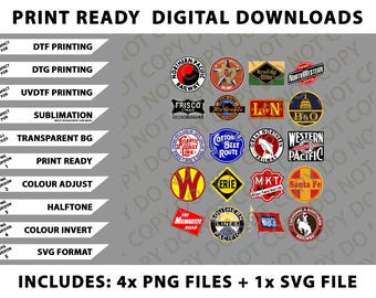 廃線になったビンテージ鉄道ロゴ - 鉄道趣味PNGバンドル、デジタルダウンロード