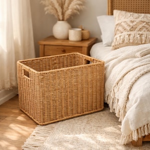 May include: A rectangular woven storage basket in a natural tan color. The basket has built-in handles on each side. The basket is sitting on a light-colored rug. The basket is empty and ready to be filled with items.