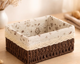 Handwoven Rattan Storage Basket with Liner | Rustic Boho Home Organizer for Bathroom Bedroom Office | Farmhouse Decorative Storage Box Gift
