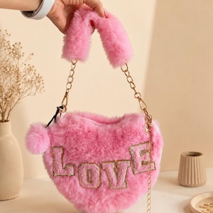 Personalized Heart Purse, Fuzzy Pink Bag, Custom Name or Initial Purse, Cute Gift for Her