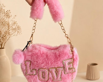 Personalized Heart Purse, Fuzzy Pink Bag, Custom Name or Initial Purse, Cute Gift for Her