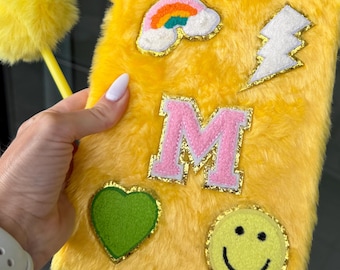 Personalized Fluffy Journal with Pom Pom Pen – End of School Year Gift for Kids, Back to School Patch Notebook for Girl, Student, Teen