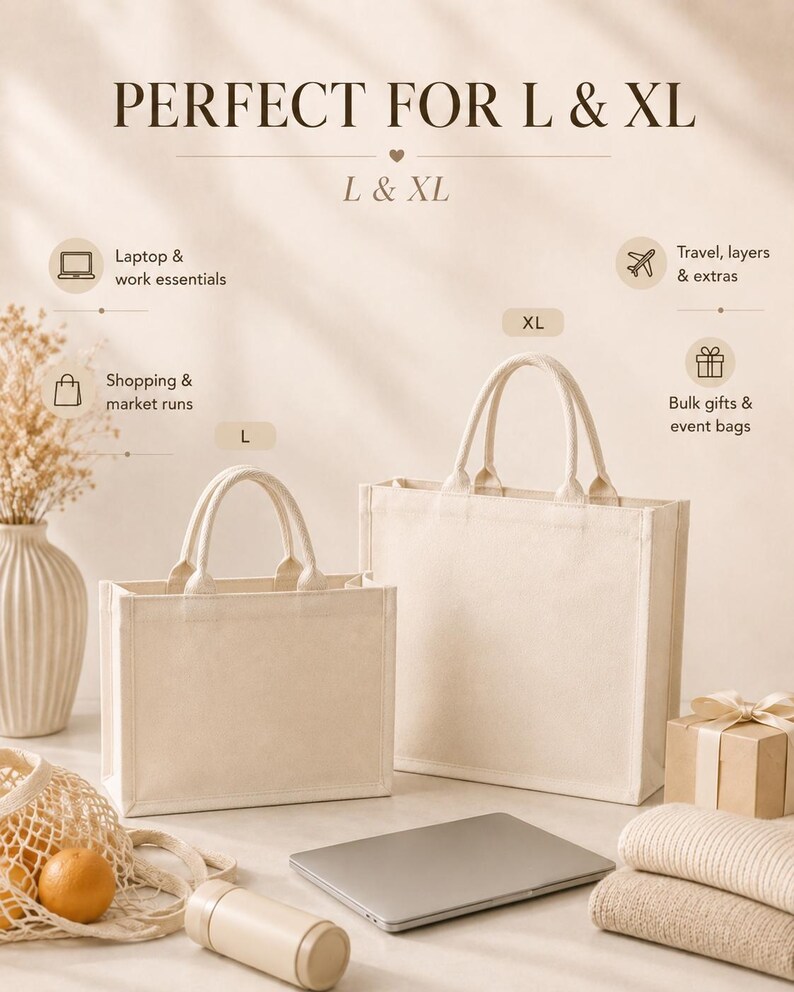 Personalized Canvas Tote Bag, Custom Name Tote, Minimalist White Canvas Bag, Monogram Tote, Custom Text Bag, Mini to Oversized, Gift for Her