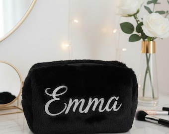 Personalized Plush Makeup Bag, Custom Name Fuzzy Cosmetic Pouch, Kawaii Toiletry Organizer