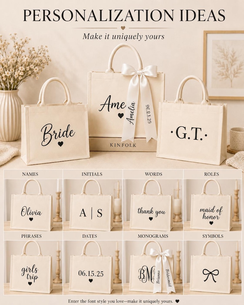 May include: Three off-white canvas tote bags with top handles. The center bag features a white satin ribbon and the text 'Ame', 'Amelia', and '09.12.25'. The left bag says 'Bride' with a heart, and the right bag says 'G.T.' with dots.