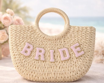 Woven Bridesmaid Bag – Personalized Beach Wedding Gift, Bridal Party Straw Handbag, Destination Wedding Tote