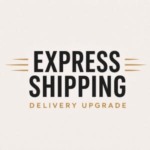 Puede incluir: Un diseño gráfico sobre un fondo beige claro que presenta el texto negro en negrita EXPRESS SHIPPING en una fuente sans-serif. Tres líneas horizontales doradas flanquean el lado de la palabra EXPRESS. Debajo, el texto DELIVERY UPGRADE aparece en oro.