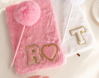 Custom Patch Notebook with Pom Pom Pen, Personalized Plush Journal for Girls, Birthday Gift, Back to School