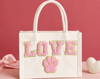 Personalized Dog Lover Tote Bag for Girls, Mini White Tote Bag, Custom Name + Paw Canvas Bag, Pet Lover Gift for Kids, Puppy Gift