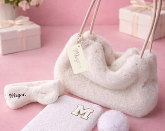 Personalized Sleepover Gift Set – Plush Fur Bag with Name Tag, Fluffy Bow Headband, Plush Notebook&Pom Pom Pen, Teen Girl Slumber Party Gift
