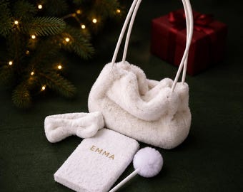 Personalized Faux Fur Bag, Christmas Gift Set for Girls, Bow Headband, Notebook & Pom-Pom Pen