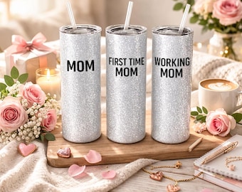 Personalized Mom Tumbler for Mother's Day, 20oz White Glitter Insulated Cup with Straw Set, Custom Gift for Working Mom, New Mom, Dog Mom
