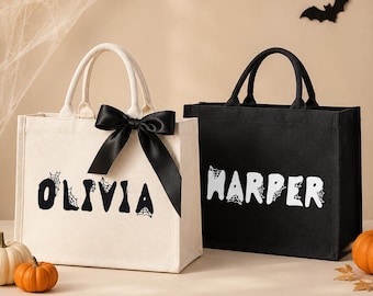 Personalized Halloween Bag, Custom Name Tote for Kids, Halloween Trick or Treat Candy Bag, Spiderweb Tote, Costume Accessory