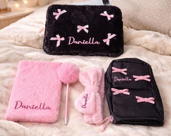 Sleepover Gift Set for Girls, Plush Notebook & Pom Pom Pen, Tablet Sleeve, Bow Headband, Cute Teen Girl Gift, Slumber Party Set