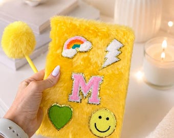 Personalized Fluffy Journal with Pom Pom Pen – End of School Year Gift for Kids, Back to School Patch Fuzzy Notebook for Girl, Student, Teen