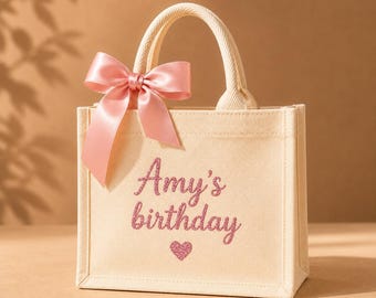 Favor Bags, Personalized Mini Canvas Gift Bags with Ribbon, Custom Small Gift Bags with Name, Party Bags, Reusable Goodie Bags for Events