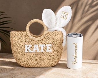 Personalized Bridesmaid Gift Set, Bride and Bridesmaid Proposal Box Alternative, Straw Bag, Plush Bow Headband and Tumbler, Bachelorette Par