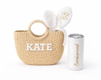 Personalized Bridesmaid Gift Set, Bride and Bridesmaid Proposal Box Alternative, Straw Bag, Bunny Ears and Tumbler, Bachelorette Party Gift
