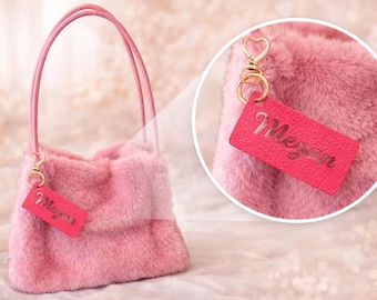 Personalized Faux Fur Shoulder Bag with Leather Name Tag – Mink Style Purse, Personalized Gift for Her, Trendy Knot Handle Tote