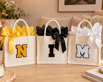 Small Initial Canvas Tote Bag with Custom Letter Patches for Girls and Teens, Kids Gift for Everyday Use