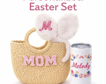 Personalized Easter Set for Family, Matching Bunny Ears, Straw Bag and Tumbler, Mom Kids Sisters Easter Gift
