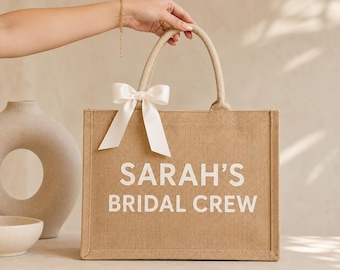 Personalized Bridal Tote Bag with Ribbon Bow, Jute Bridesmaid Gift Bag, Custom Name Bridal Party Bag, Burlap Bachelorette Tote