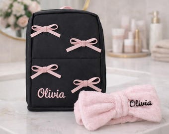 Personalized Travel Makeup Bag Set with Magnetic Cosmetic Case & Plush Spa Headband – Custom Beauty Gift for Her