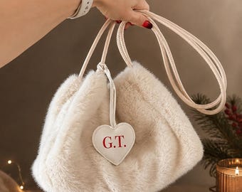 Hobo Bag, Personalized Faux Fur Purse, Gifts for Teen Girls, Ivory Shoulder Bag with Initial Heart Charm, Christmas Gift