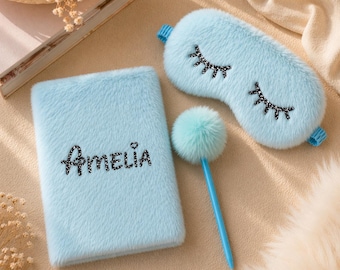 Personalized Sleep Gift Set, Fluffy Journal & Eye Mask Set, Plush Notebook with Pom Pom Pen, Cozy Self Care Gift Box for Her