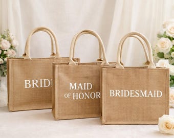 Bridesmaid Tote Bag - Personalized, Bachelorette Party Gift, Custom Name Jute Beach Bag, Bride Squad Favor, Bridal Party Tote